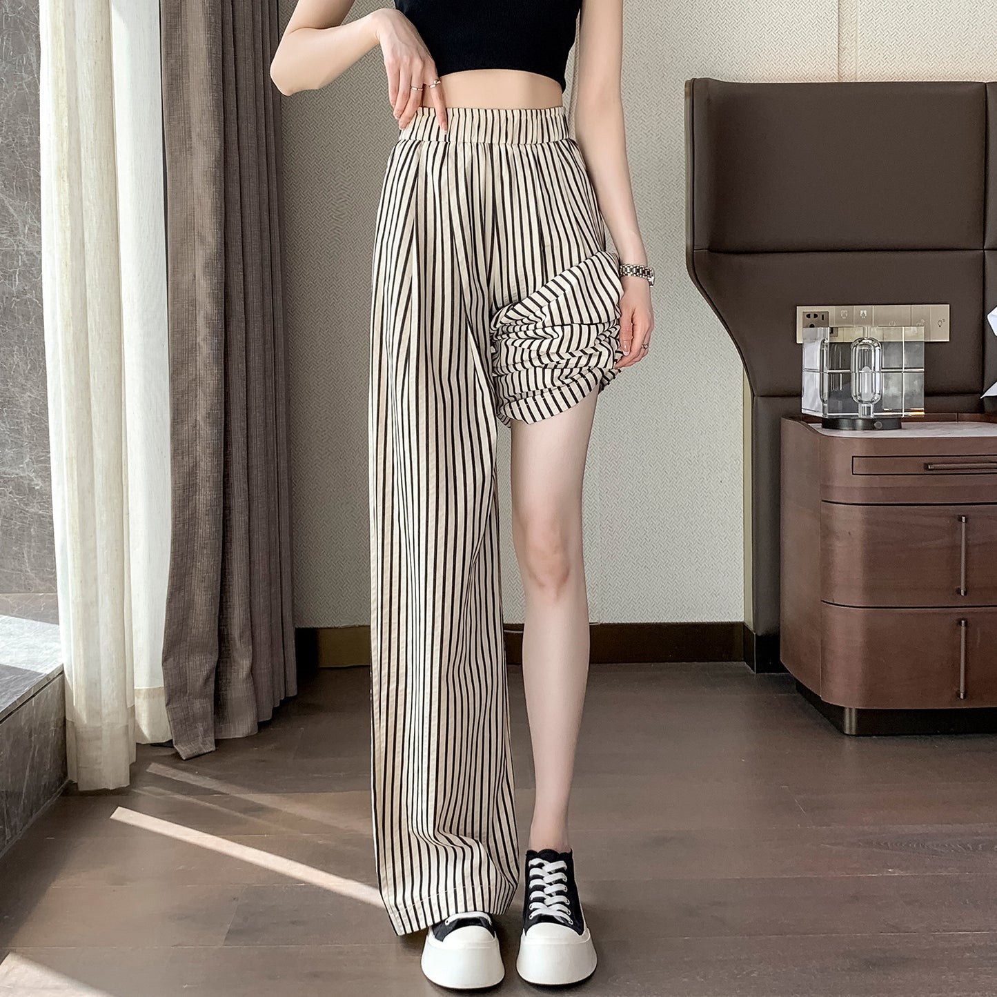xiangtuibao Summer New Striped Cotton Linen Wide-Leg Pants Women's High Waist Loose Drooping Straight Imitation Linen Mop Trousers Women's