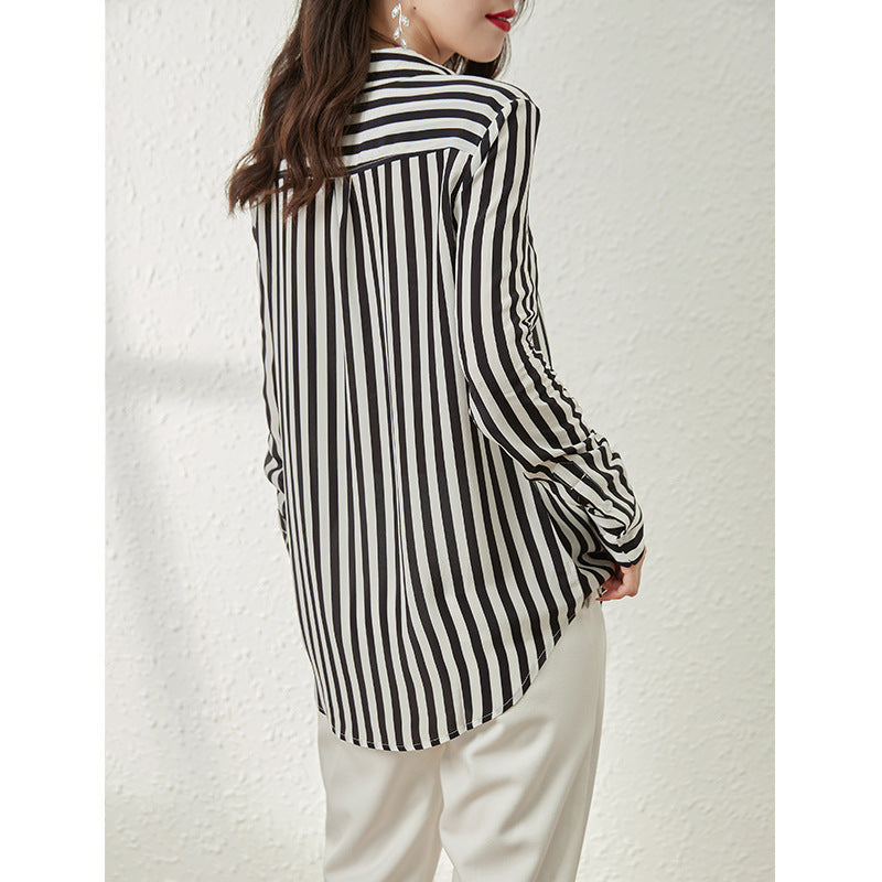 2025 Striped silk shirt women, summer new long-sleeved shirt design sense niche high-end, mulberry silk top
