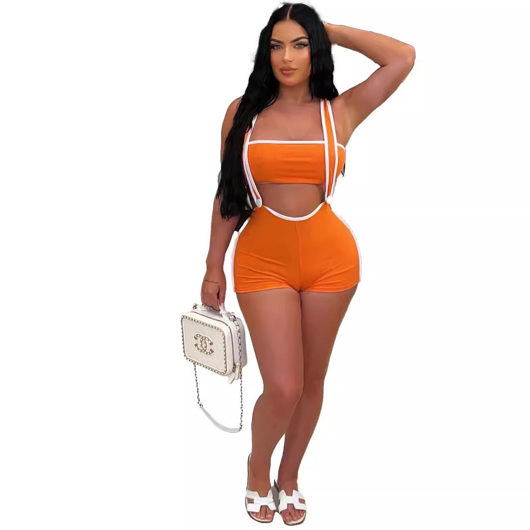 Summer New new threaded pit strip elastic sexy babes shorts tube top overalls set