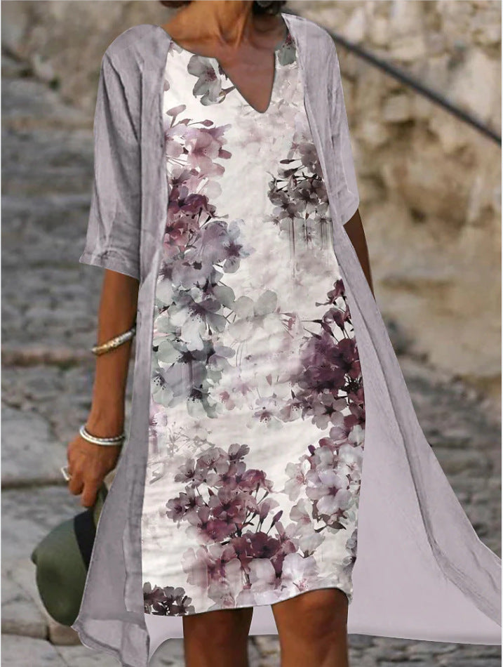 XIANGTUIBAO popular New sleeve design hemp printing loose waist medium and long dress national style retro ramie dress two-piece set