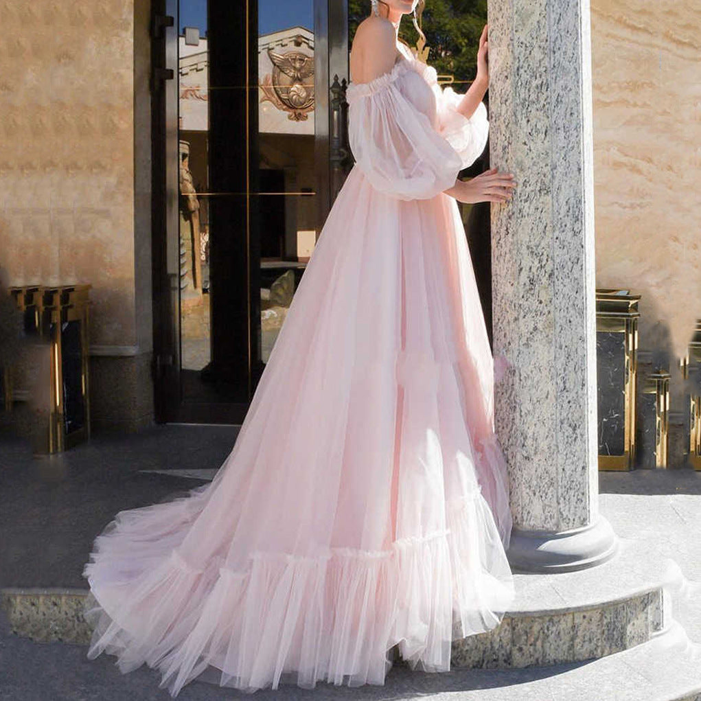XIANGTUIBAO popular new 2025 Popular trade women's clothing wish one-word shoulder mesh long wedding dress big swing dress