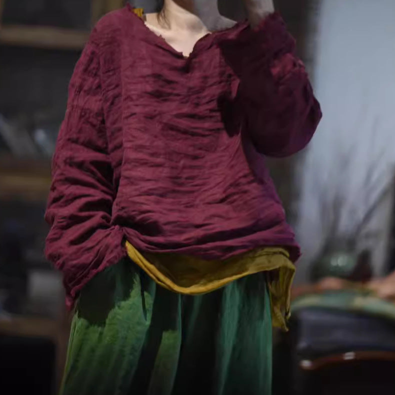2025 24/3 halfway, casual literary and retro sand washed linen rough edge literary and retro jumper