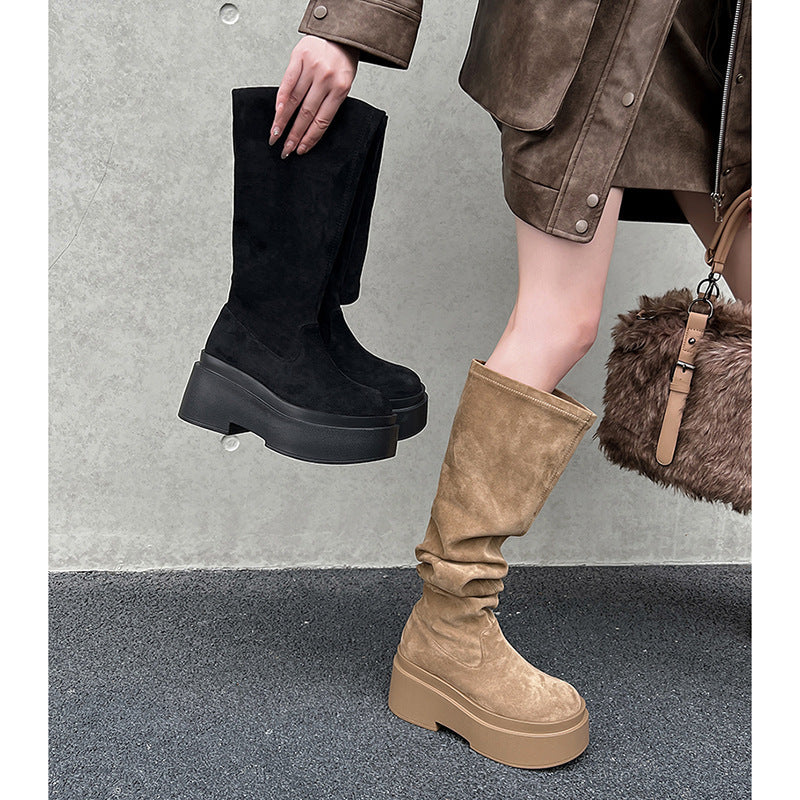 2025 Skinny wasteland wind big tube circumference black thick-soled knee boots women's popular new waterproof table high tube stacking boots