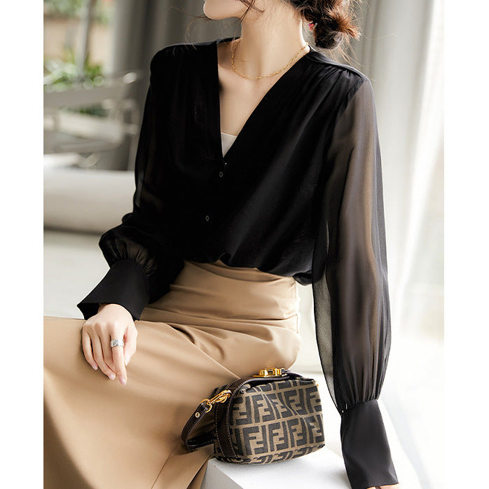 2025 Gentle and light silk shirt V-neck double-layer mulberry silk shirt heavy summer black and white top women's clothing