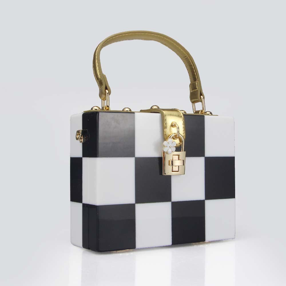 popular new Korean Internet celebrity contrasting color retro checkerboard lock chain box bag portable shoulder messenger bag