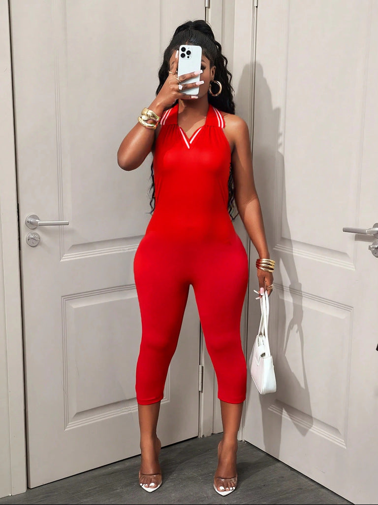 In the summer of , Popular, , New Popular trade, fashionable and sexy Spice Girls, sleeveless solid color backless neck-hanging jumpsuit shorts