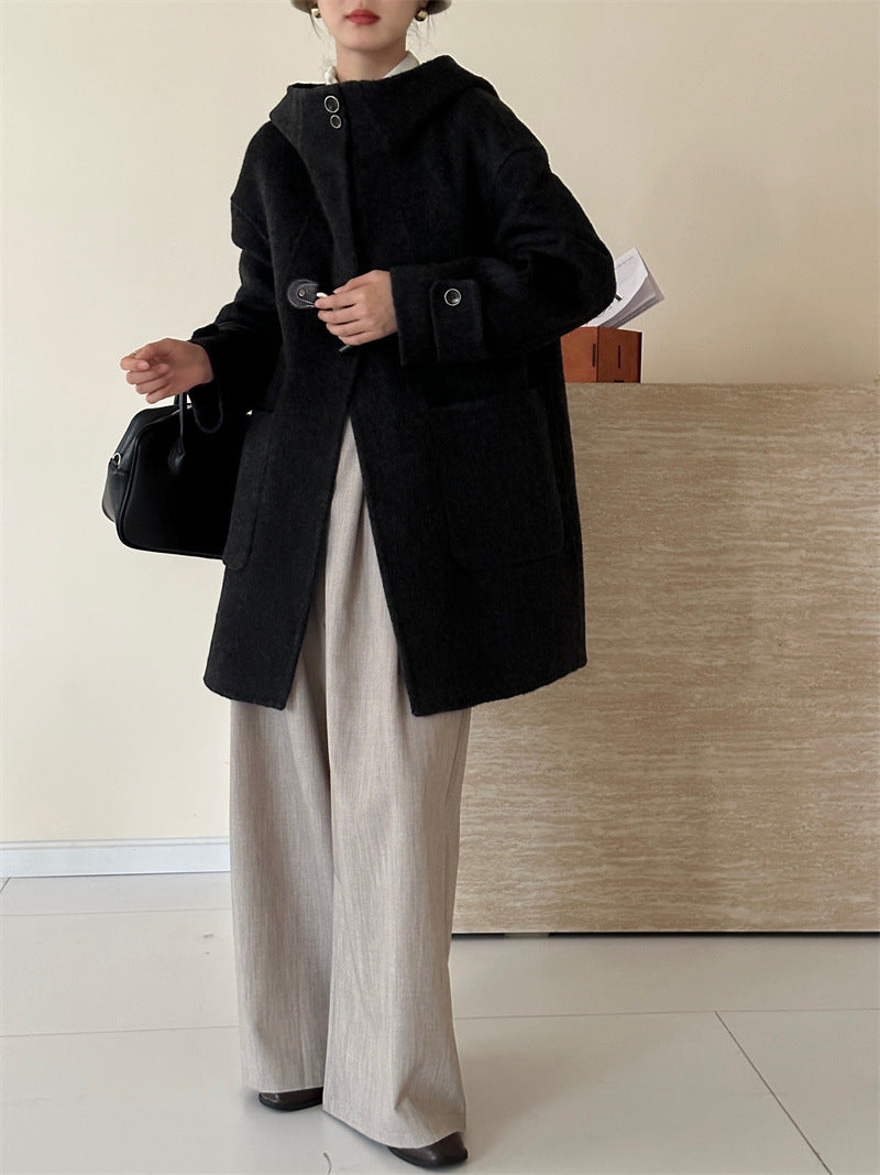 2025 Hooded single-row two-grain horn buckle shoulder sleeves solid color wool double-sided cashmere coat woolen jacket versatile autumn and winter