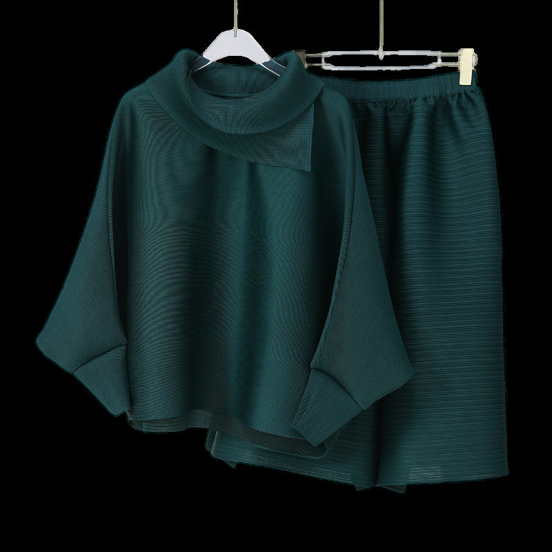 2025 suit spring and summer women's two-piece set slightly fat high-end women's bat-sleeved top loose seven-point casual pants tide