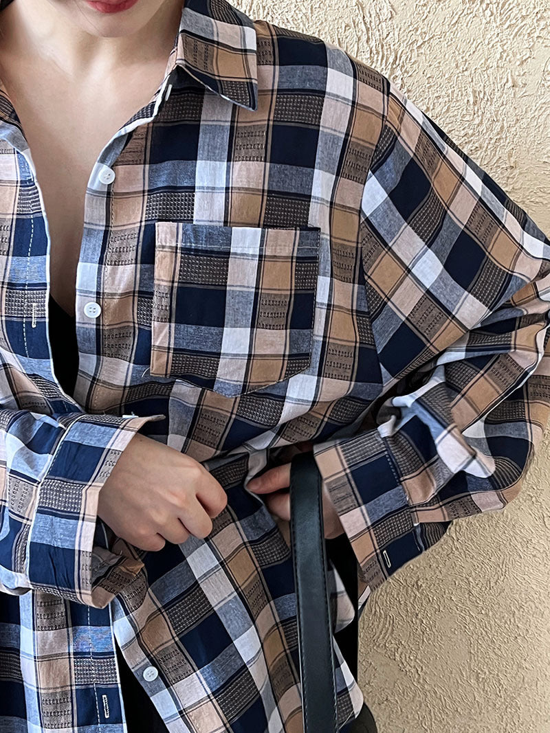 Luxi, retro lazy plaid shirt women's summer long-sleeved loose trend fashion light and thin sunscreen shirt 8682