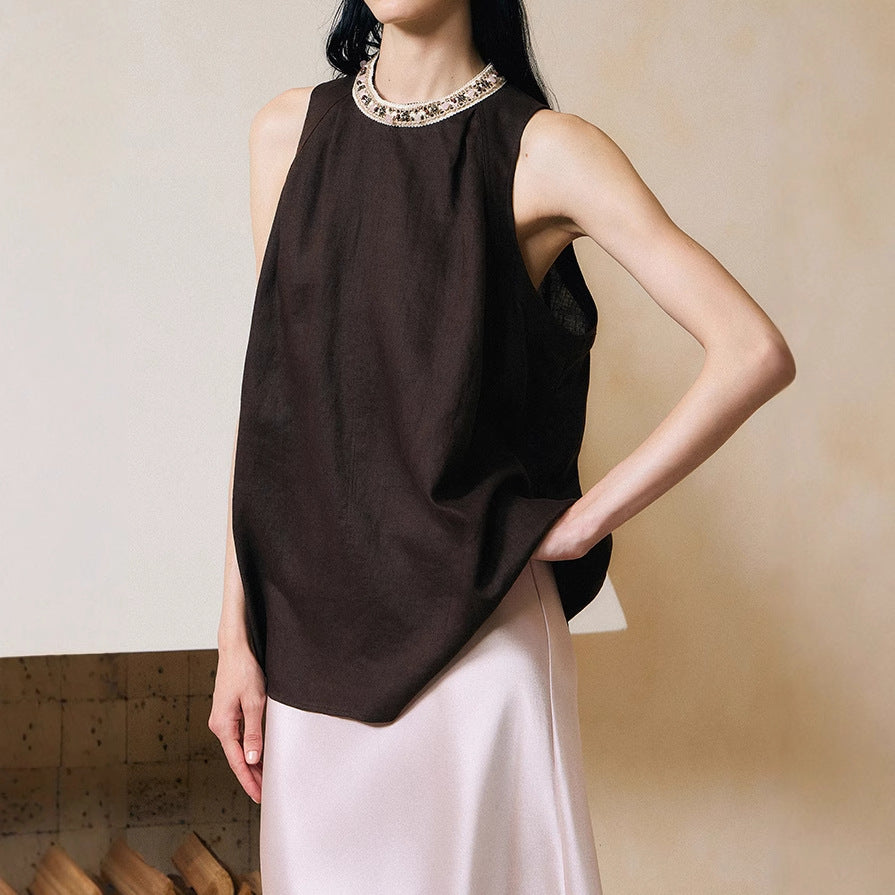 2025 Design Sense Loose Pattern Handmade Beaded Linen Sleeveless Shirt Top Women's Summer
