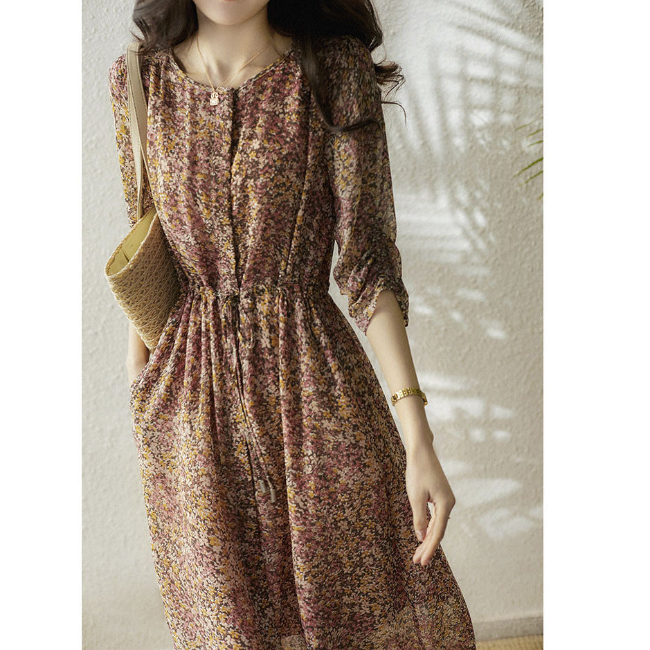 2025 High quality mulberry silk sweet silk floral dress shirt style lace-up drawstring summer women's skirt