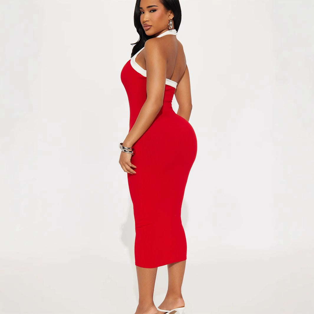 Popular, and the United States summer new women's clothing New Popular trade sexy babes solid color neck halter waist tight dress