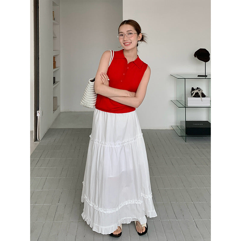 2025 THE MIND fungus lace white big swing skirt 2025 summer new elastic waist versatile A-shaped skirt 002AX