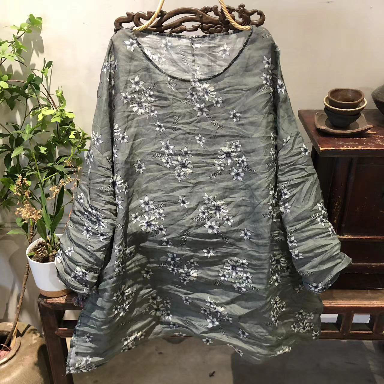 2025 23/4/Tea Ancient/Spring and Summer Literary Retro Ramie Printed Crew Neck Pullover Shoulder Medium Long Shirt