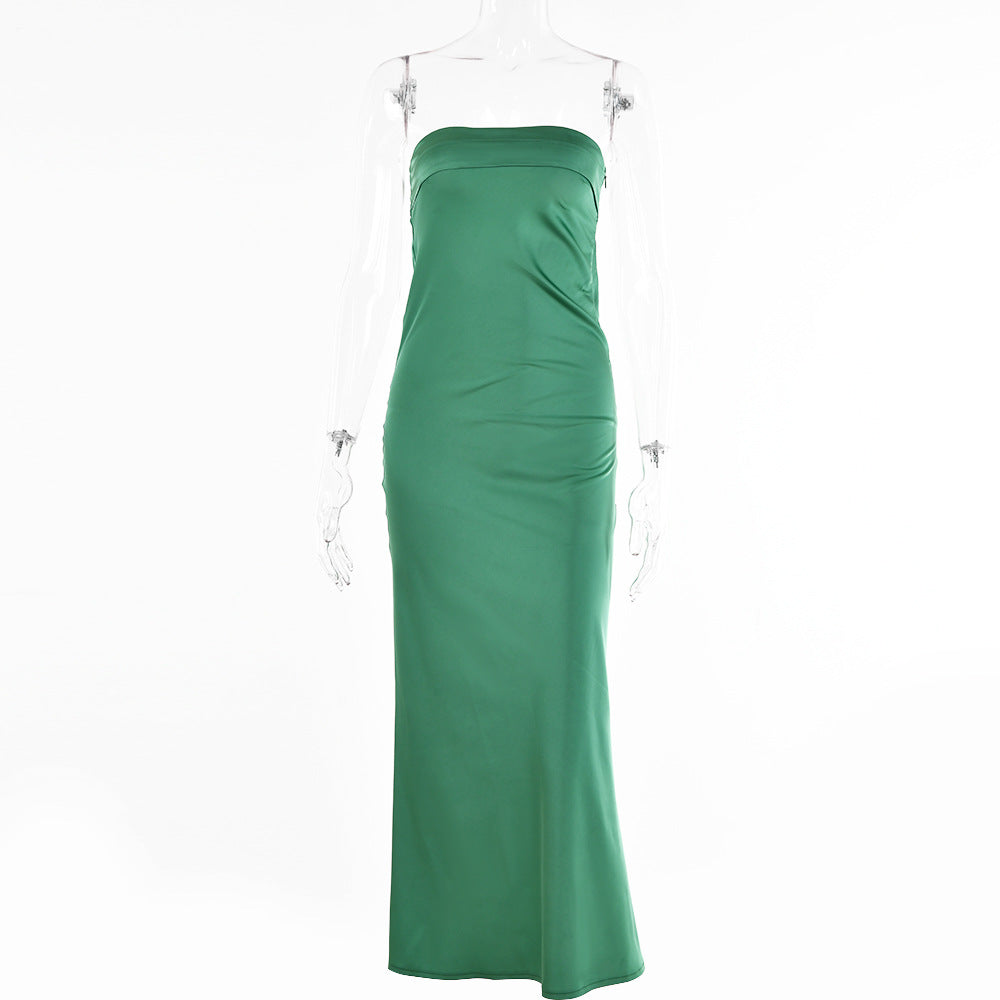 2025 style banquet evening dress pendant feeling Spice girl dress summer new solid color halter waist dress