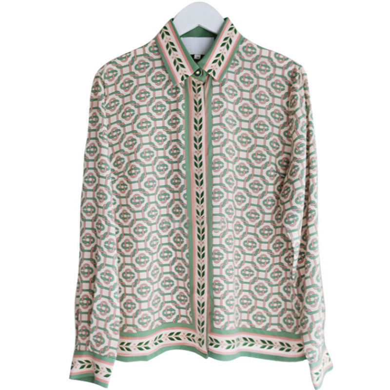 2025 Dark green gold buckle chain printing heavy silk shirt women's long-sleeved mulberry silk shirt summer new women's clothing