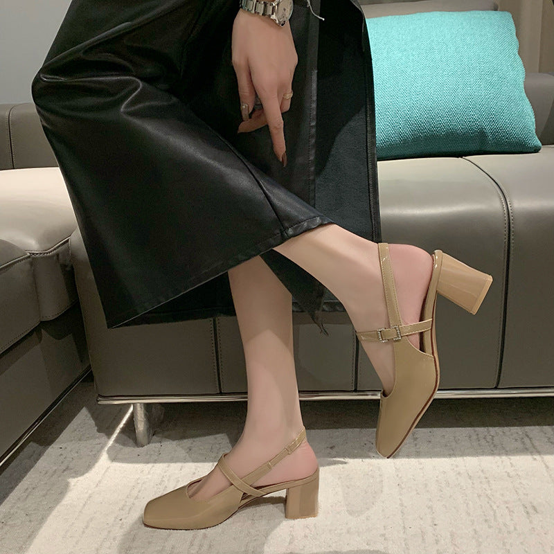 xiangtuibao Women's Chunky Heel High Heels Women's Fashion Shoes Summer New Sandals Female Temperament Back Empty Square Toe Mary Jane Shoes