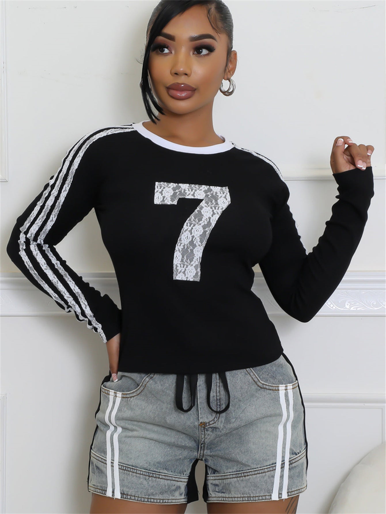 Autumn new New fashion retro slim fit sexy spice girl printed striped short long-sleeved top women