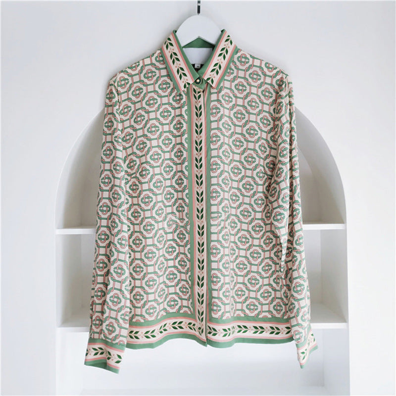 2025 Dark green gold buckle chain printing heavy silk shirt women's long-sleeved mulberry silk shirt summer new women's clothing
