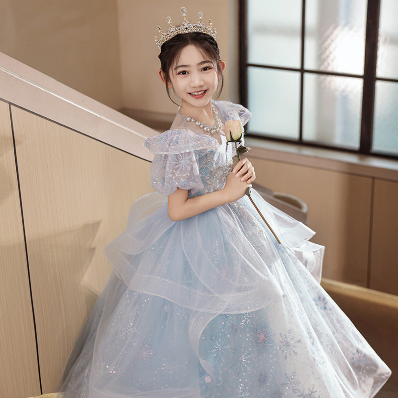 Xiangtuibao Sweet Children's Host's Dress Girls' Summer Blue Puff Sleeve Princess Piano Performance Costume