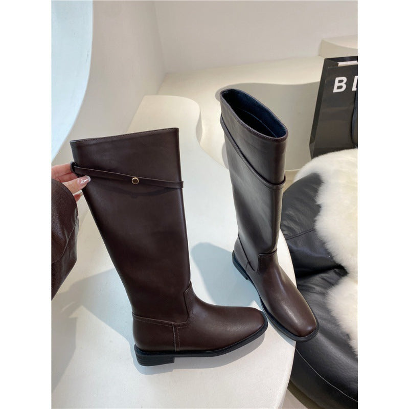 2025 South Korea Dongdaemun high boots women's boots autumn and winter new big tube circumference retro small gold buckle knee knight boots