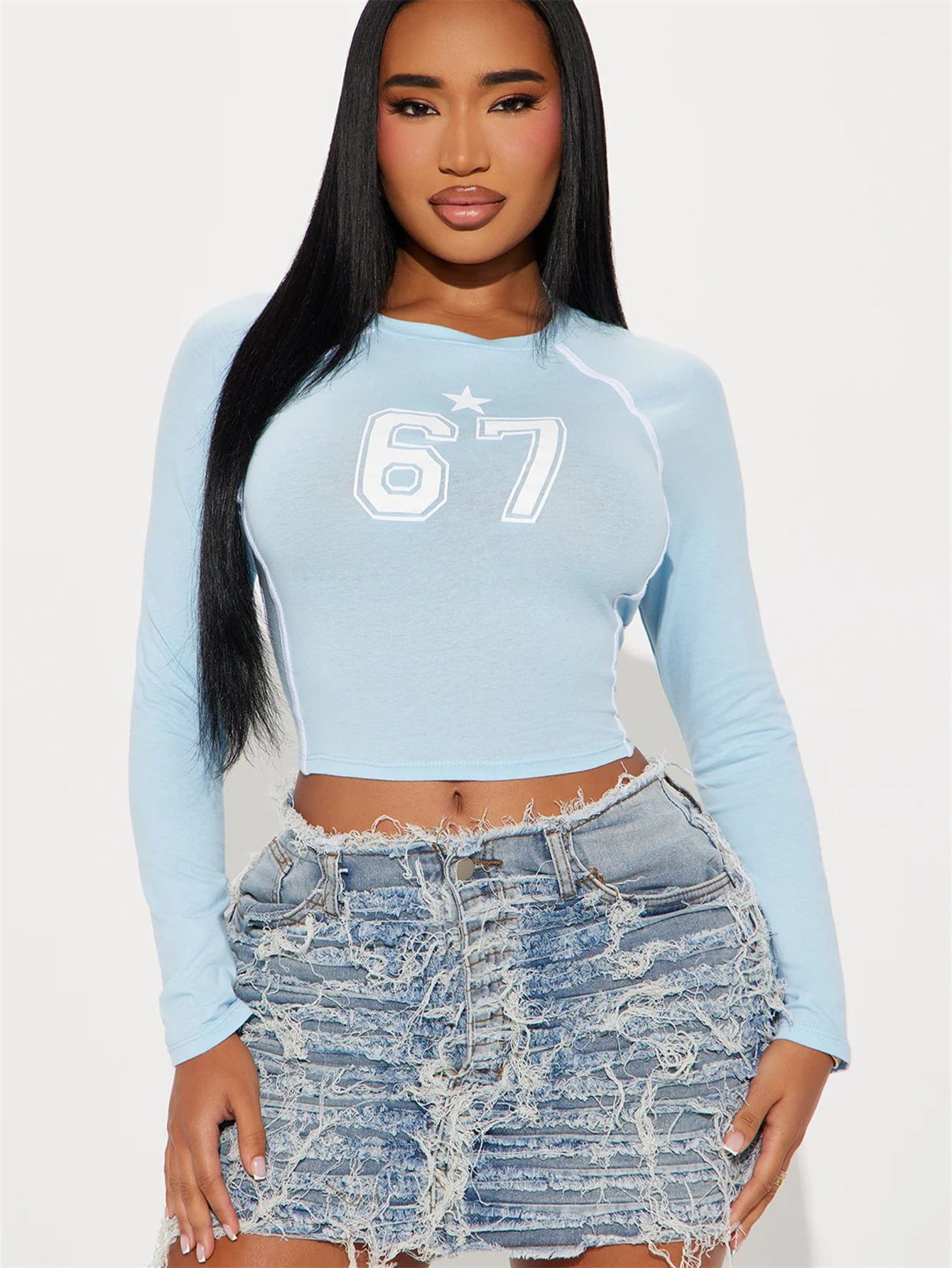 popular autumn new New street fashion sports elastic retro simple printing long-sleeved top women