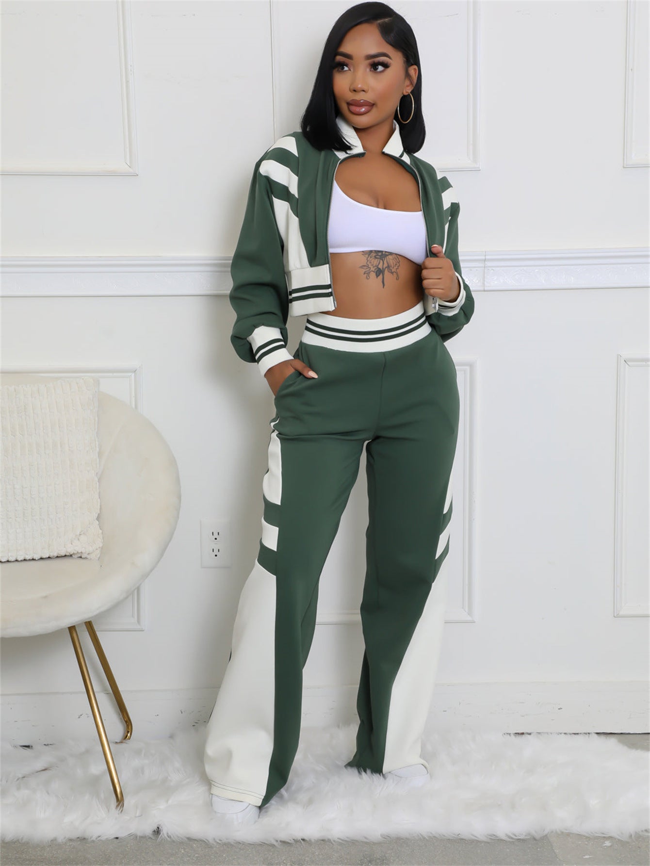 popular autumn new New fashion trends contrasting colors casual sports long-sleeved jacket top trousers set