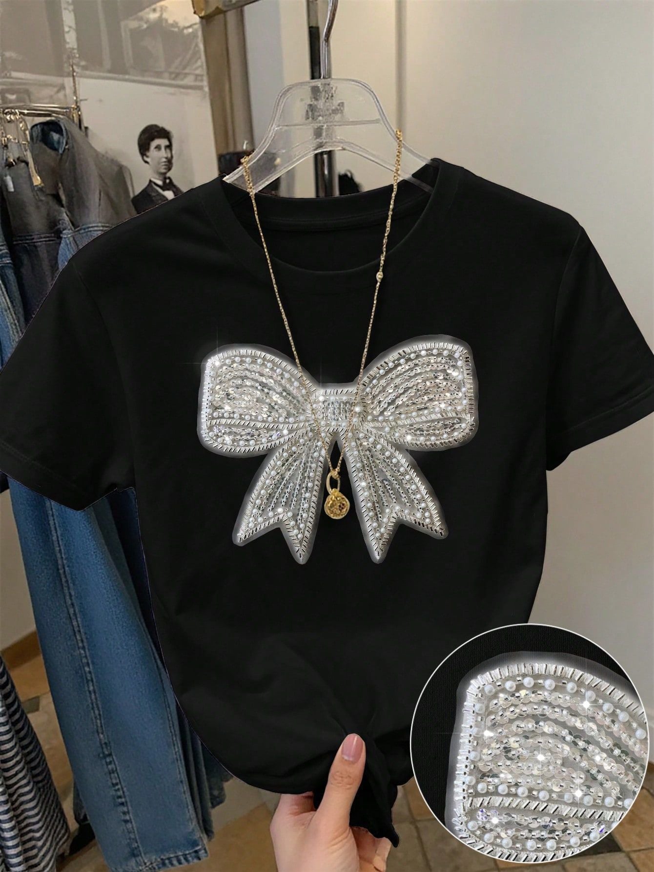 summer new women's clothing New Popular trade fashion casual commuting loose round neck bow printed T-shirt short