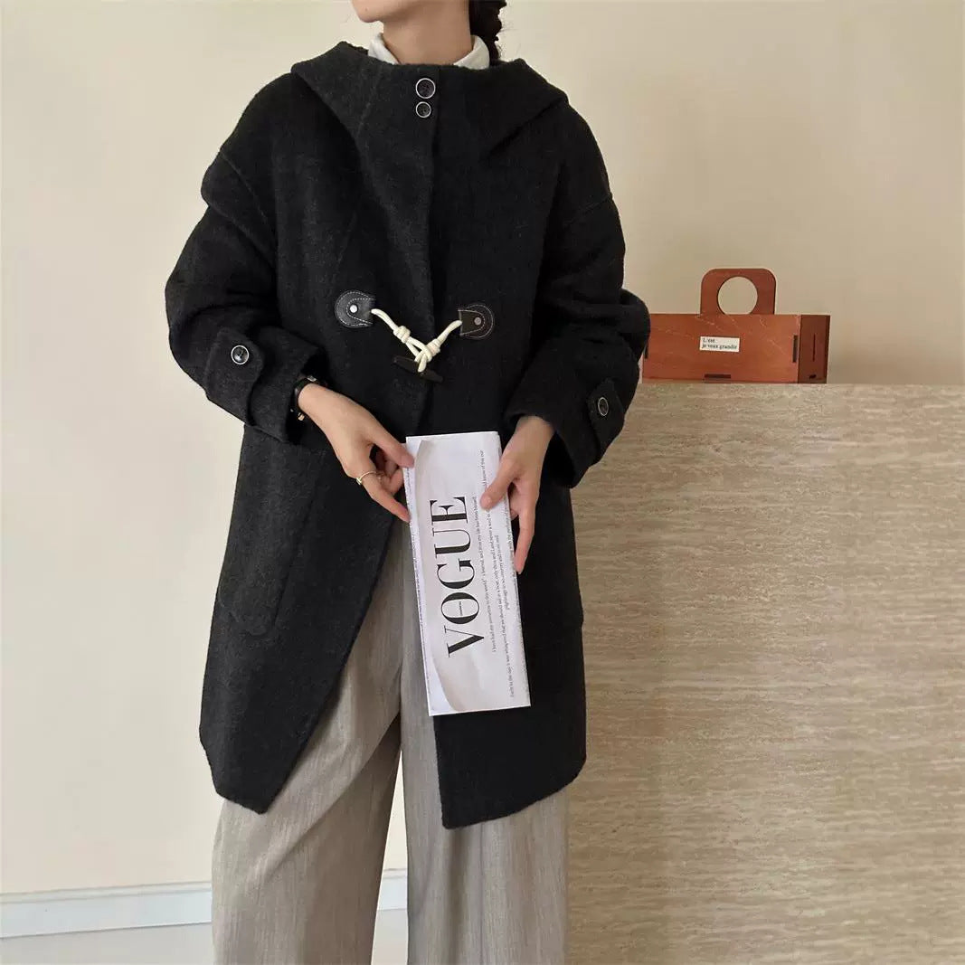 2025 Hooded single-row two-grain horn buckle shoulder sleeves solid color wool double-sided cashmere coat woolen jacket versatile autumn and winter