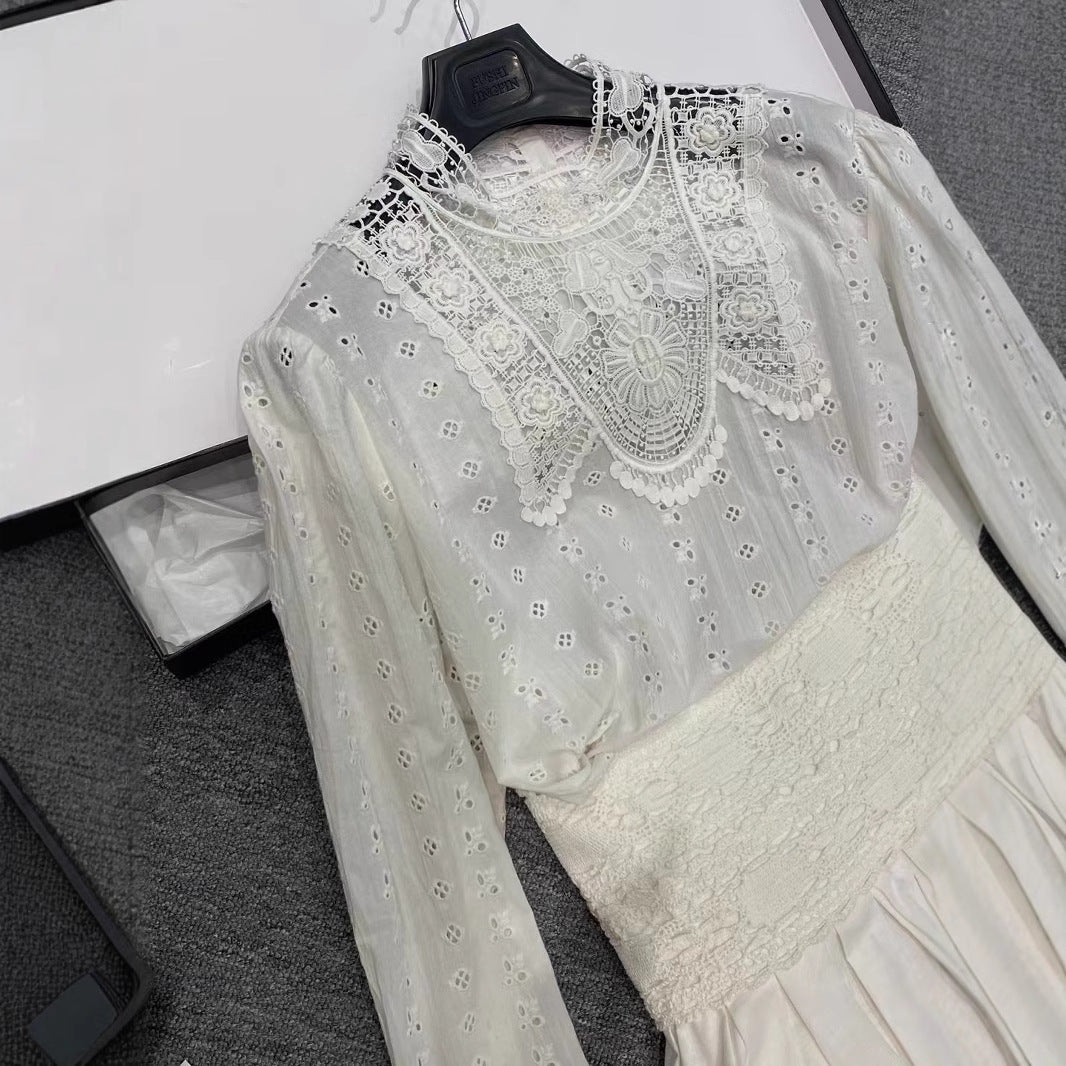 2025 ISA same style, niche design, heavy industry hollow embroidery crochet niche shirt + pleated skirt