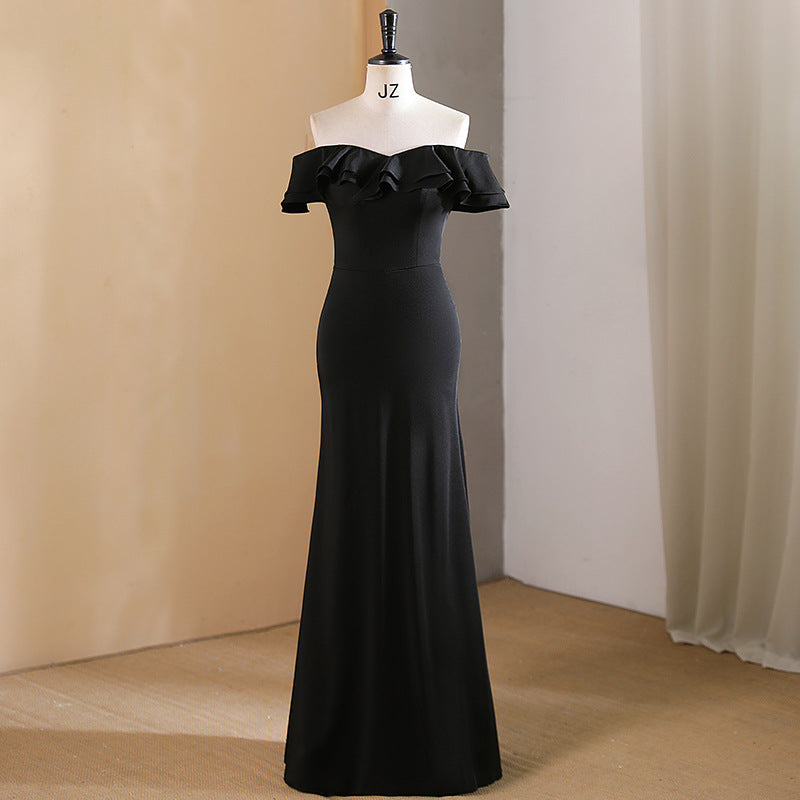 2025 One-word shoulder black piano evening dress new high-end high-end light luxury niche temperament banquet adult ceremony
