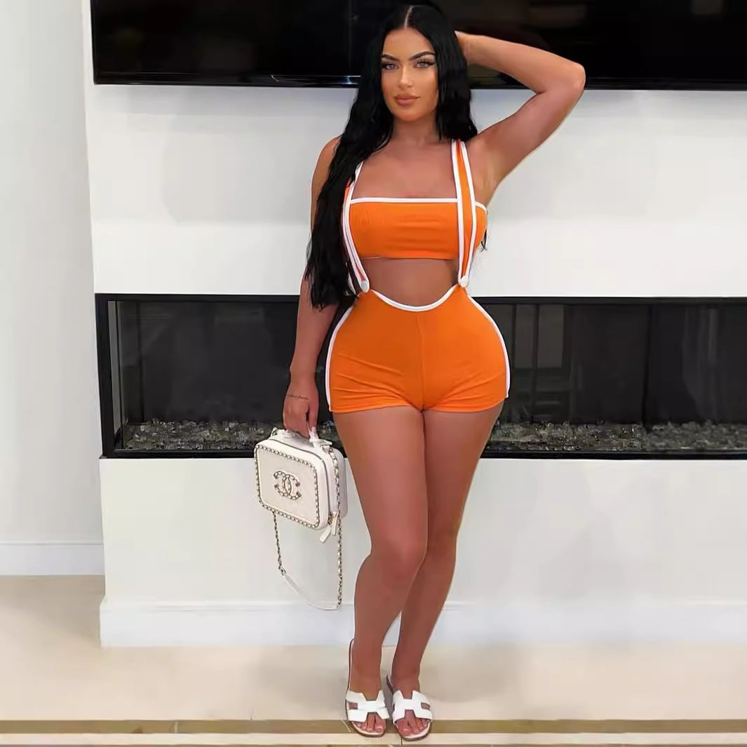 Summer New new threaded pit strip elastic sexy babes shorts tube top overalls set