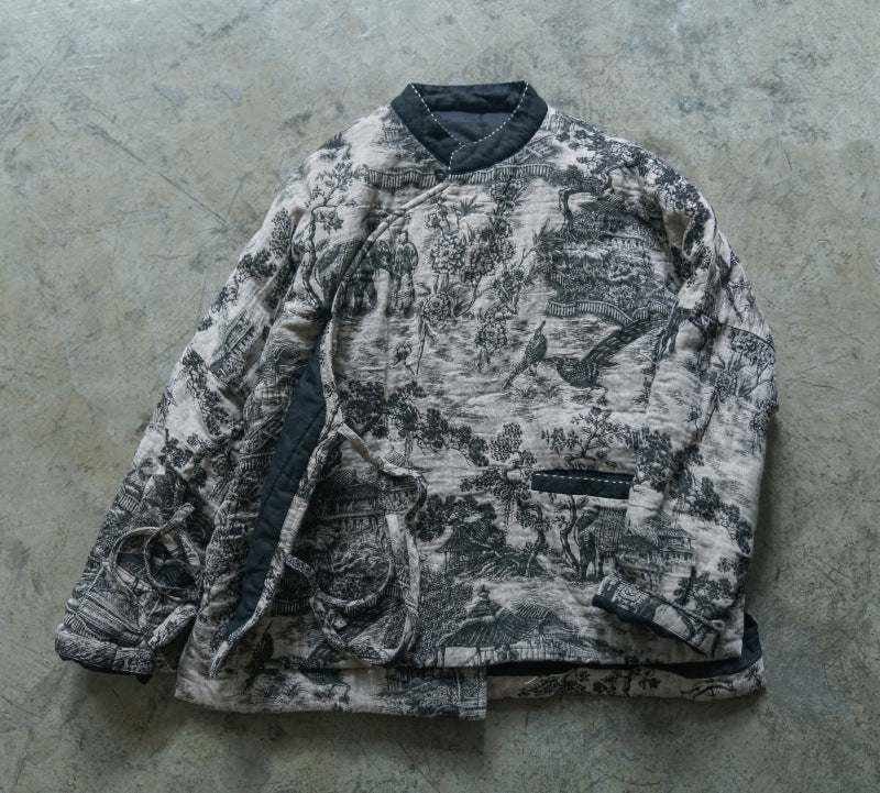 retro double-layer printing thickened diagonal placket Guochao cotton-padded coat, new Chinese personalized cotton-padded coat M21436