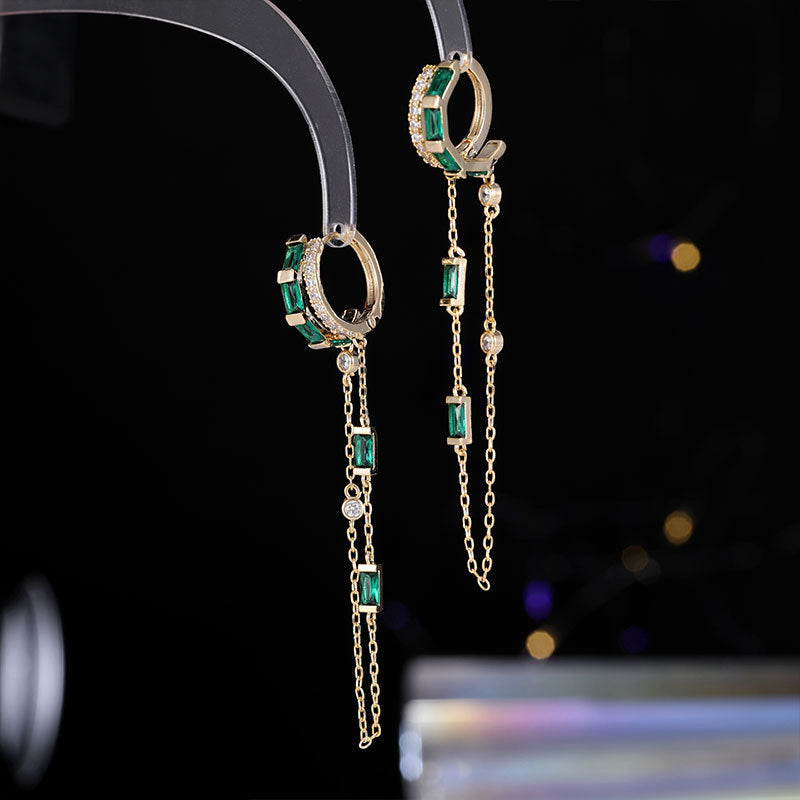 2025 Niche design sense retro earrings square zircon long temperament ear buckle tide unique gold chain fringed earrings