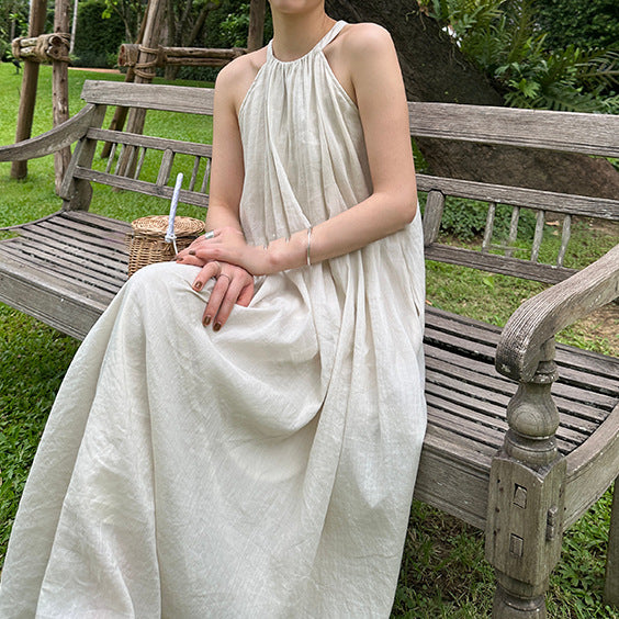 2025 spring and summer new neck pleated fried color pure ramie cotton and linen loose holiday dress