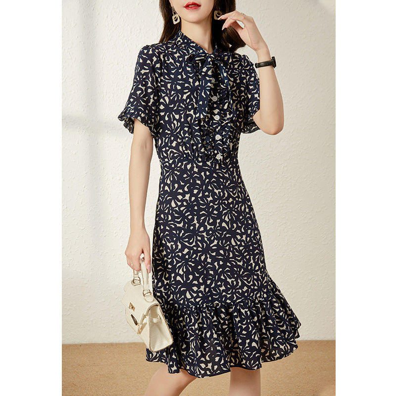 2025 summer women's clothing mulberry silk medium and long first love coffee break skirt silk fishtail dress bow floral skirt