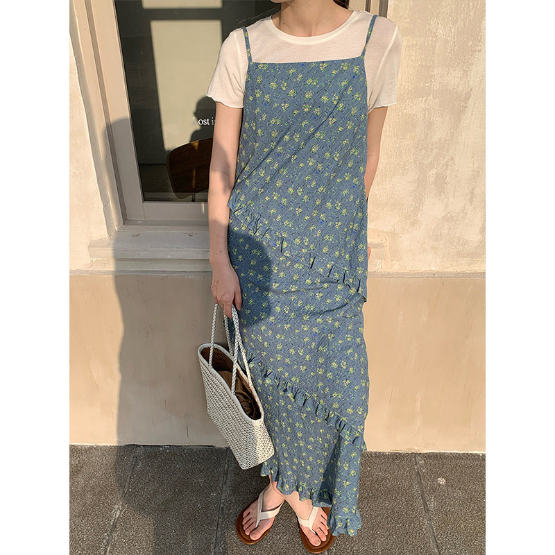 2025 THE MIND floral suspender skirt 2025 thirteen lines summer new design long dress 025AX
