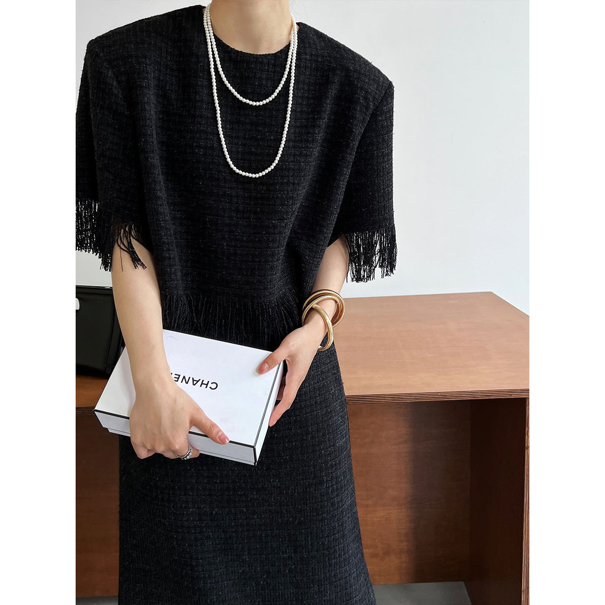 Luxi, spring small fragrant style suit women's fringed top + split skirt fashion two-piece set 5586