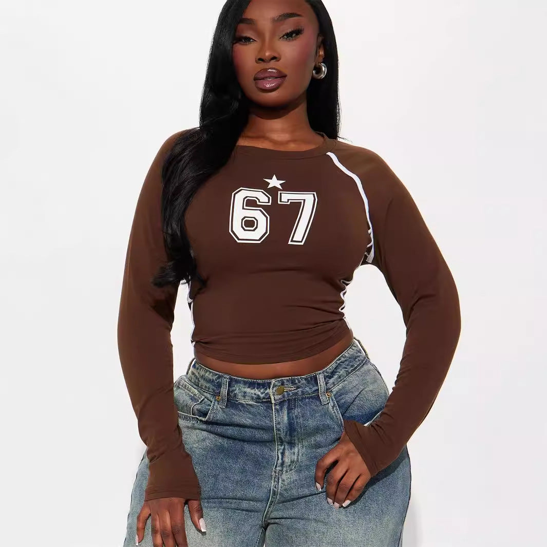 popular autumn new New street fashion sports elastic retro simple printing long-sleeved top women