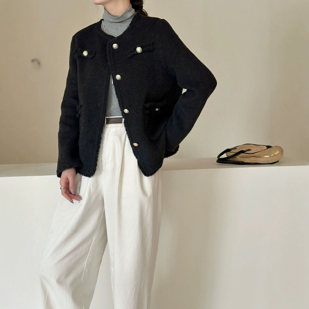 2025 Solid color rough edge small fragrant wind round neck single-breasted front shoulder hand-sewn short double-sided nylon wool woolen coat coat women