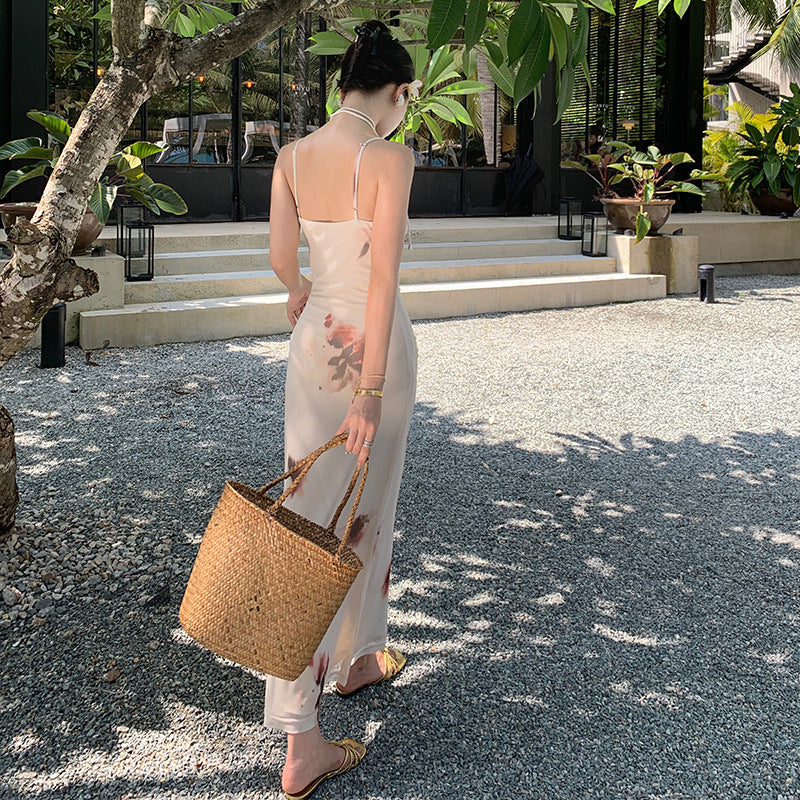 2025 Seaside vacation dress waist and thin pure desire suspender skirt photo beach skirt Spice girl pleated sexy hip skirt