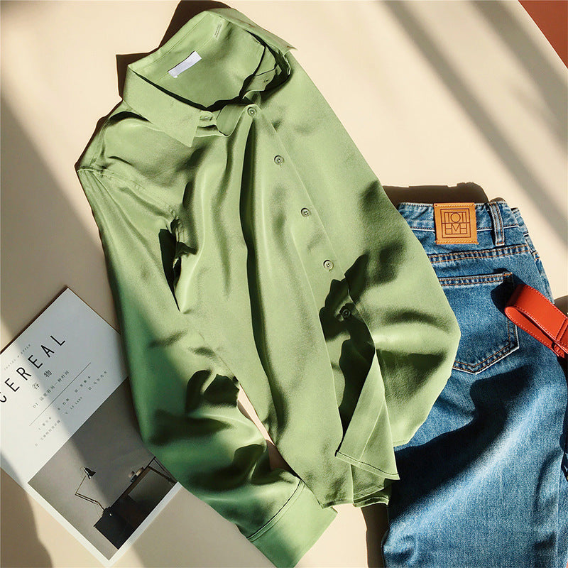 2025 Heavy mulberry silk avocado solid color shirt summer new sand washed silk shirt temperament long sleeve women's clothing