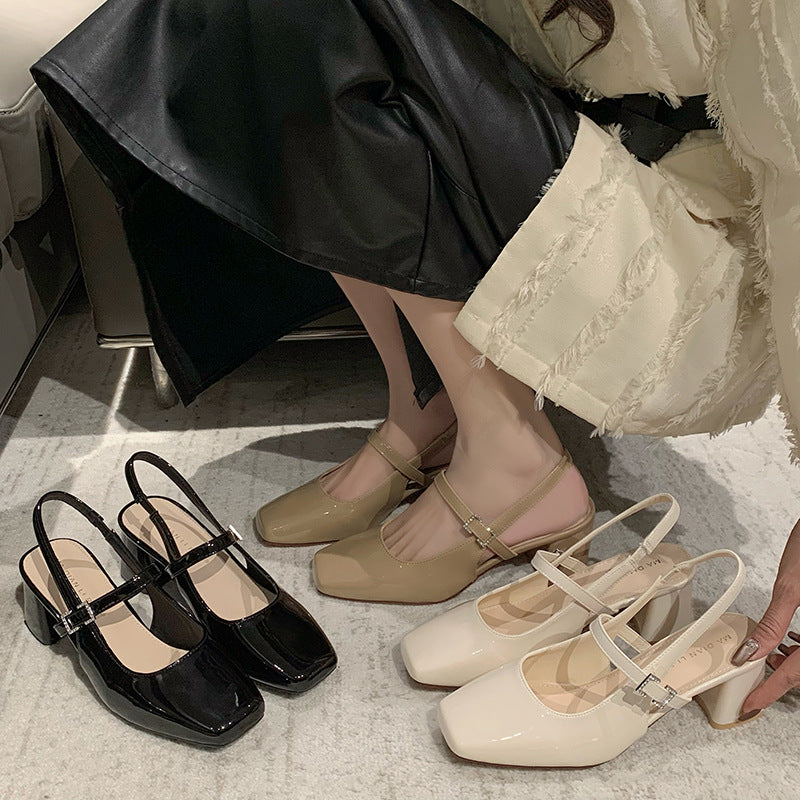 xiangtuibao Women's Chunky Heel High Heels Women's Fashion Shoes Summer New Sandals Female Temperament Back Empty Square Toe Mary Jane Shoes