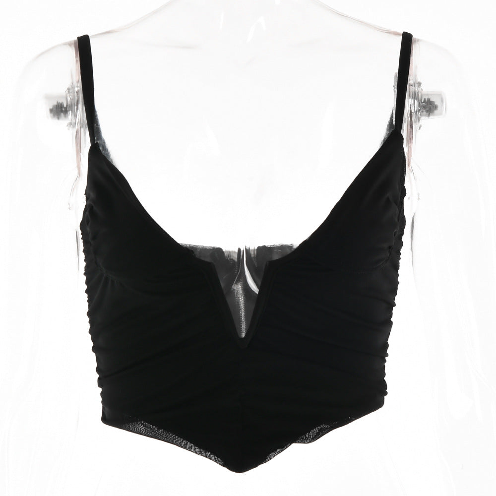2025 Cross-border new beauty back small suspender vest women's summer women's clothing sexy V-neck low-cut waist T-shirt outer wear
