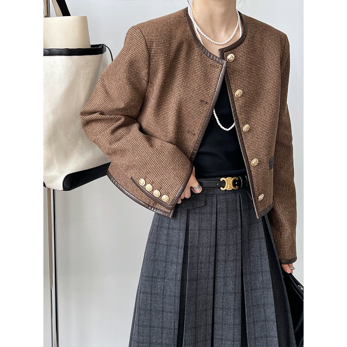 Luxi, Xiaoxiangfeng jacket for women's early spring new pu leather splicing retro thousand bird grid top 5585