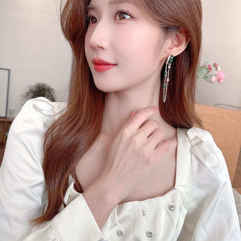 2025 Niche design sense retro earrings square zircon long temperament ear buckle tide unique gold chain fringed earrings