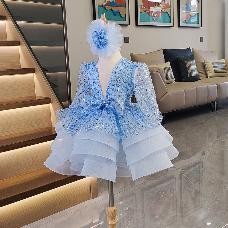 Xiangtuibao One Year Old Celebration Dress Girls Blue Princess Dress Baby Girl Birthday Pettiskirt Flower Girl Wedding Children Host's Dress
