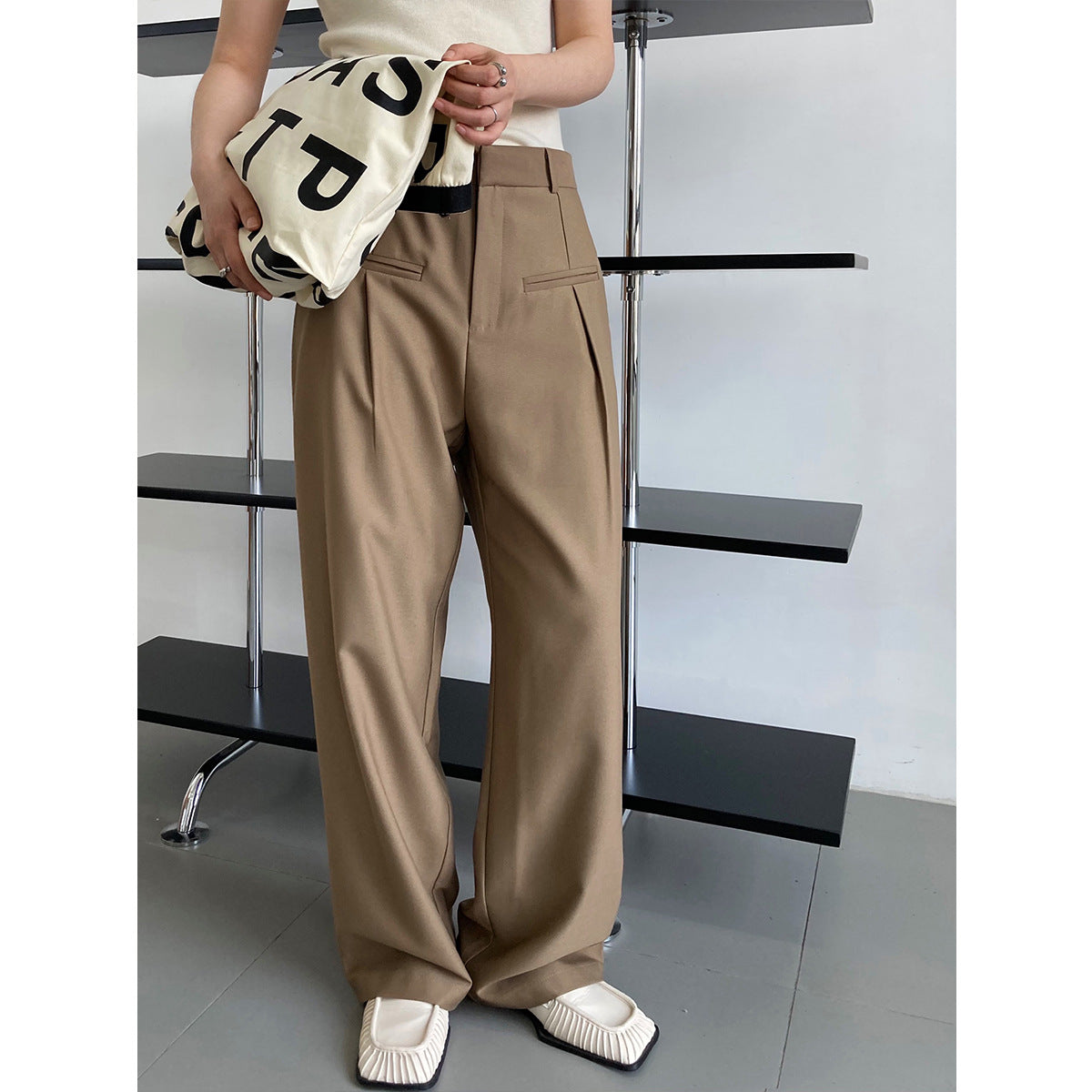 Luxi, spring and autumn design double pocket drape floor pants women's Korean version loose casual wide-leg suit pants 1056