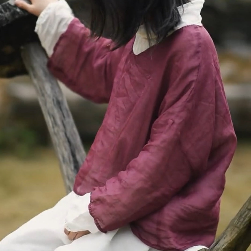 2025 23./2 Zhi'an, spring and summer literary and retro two-color ramie v-neck pullover shoulder shirt