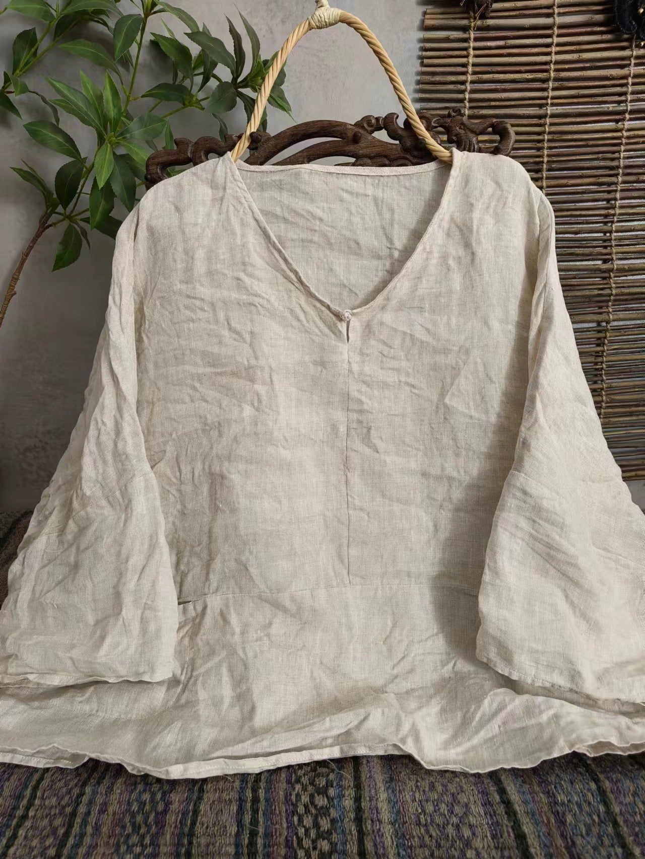 2025 23/4 In the same year, spring and summer literary and retro linen loose seven-quarter-sleeved shoulder pullover
